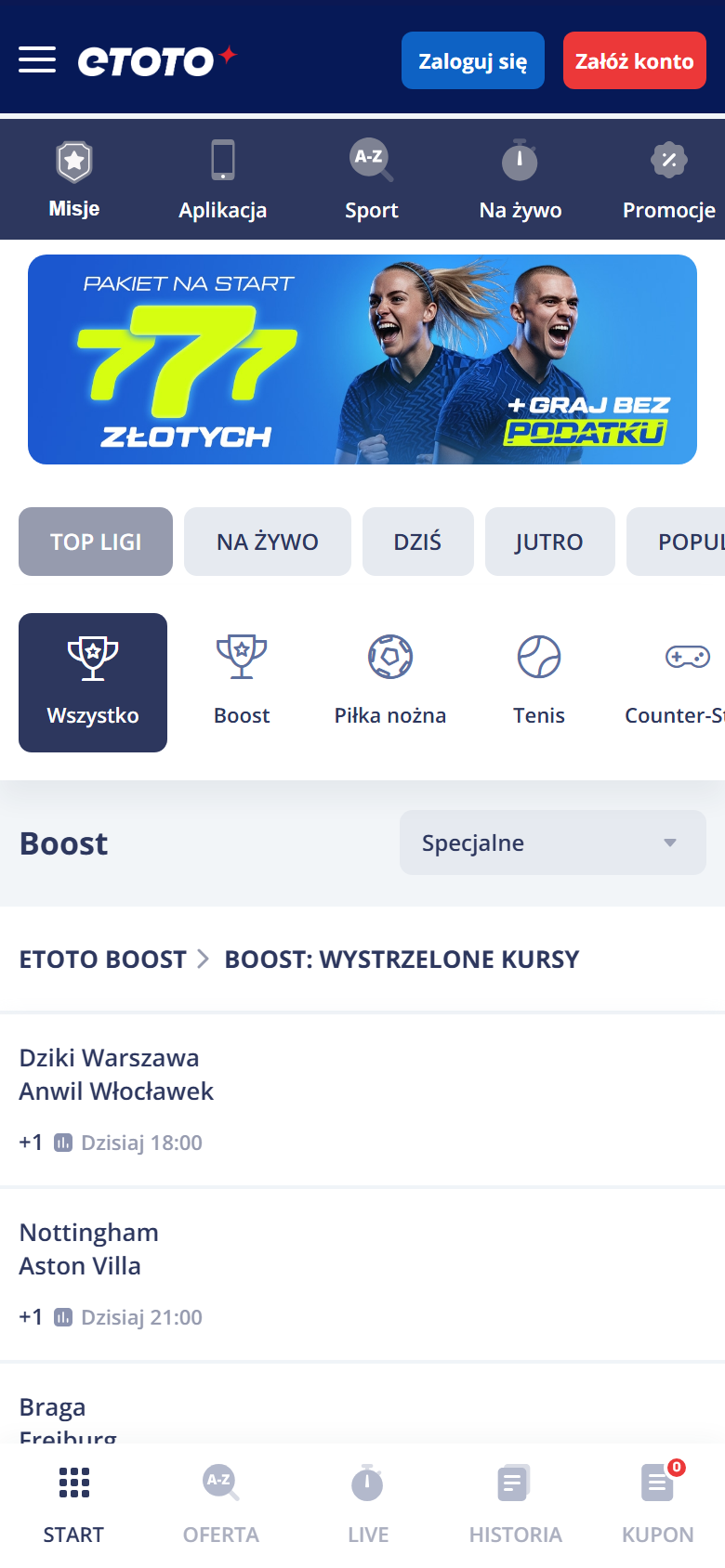 Aplikacja mobilna ETOTO - widok strony głównej