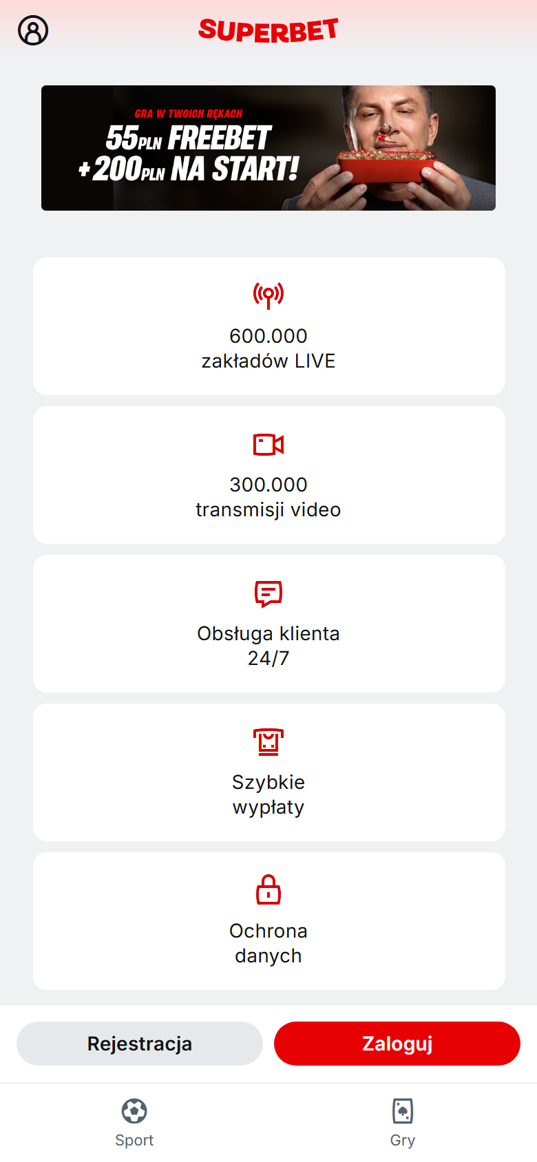 Aplikacja mobilna Superbet - widok strony głównej
